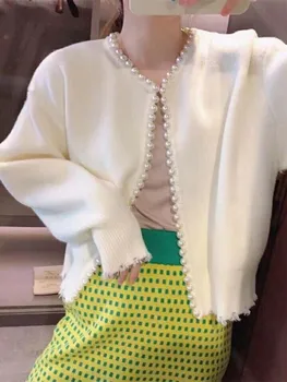 Moterų Megztinis Pearl Neapdailintais Kraštais Vientisos Spalvos O-Kaklo, Ilgomis Rankovėmis Elegantiškas Megztas Megztinis